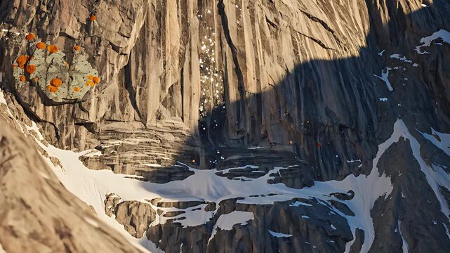 A large rock cliff with a small climber, snow, and orange lichen 