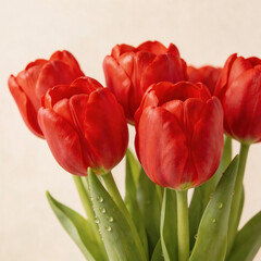 Fototapeta premium Vibrant red tulip bouquet close-up macro shot with velvet petal texture and morning dew drops. Soft natural light on minimalist background. Fresh spring floral with romantic atmosphere.