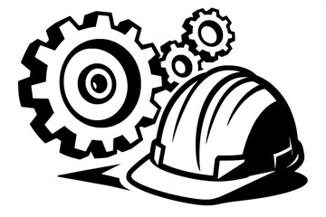 Fototapeta premium Abstract composition of heavy gears and worker hard hat silhouette