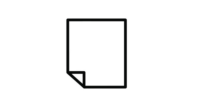 Simple black line art vector graphic illustration depicting a single blank document page icon with one bottom corner gently turned over