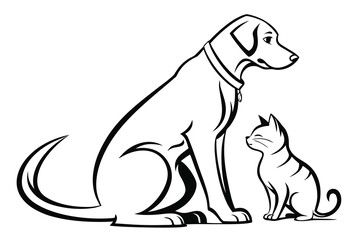 Obraz premium Dog and cat pet line art illustration isolated on white background showing domestic animals friendship