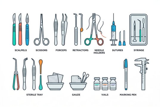 Comprehensive array of surgical tools including scalpels, forceps, scissors, sutures, and syringes organized on a sterile tray reflecting precision in medical practice and surgical artistry