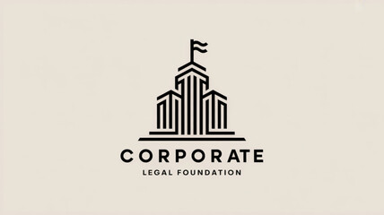 Naklejka premium Black corporate legal foundation logo with building and flag on beige background symbolizing business and law