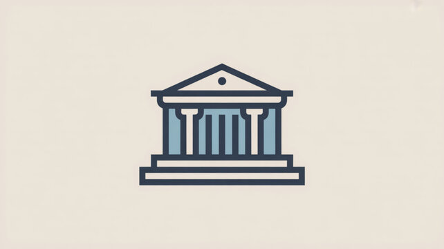 Simple illustration of a bank building with columns and triangular roof on beige background