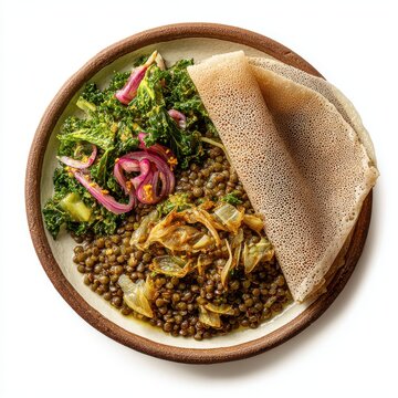  Azifa Ethiopia food plate isolated on a white background