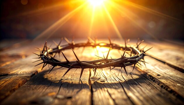 Crown of Thorns on Rustic Wooden Table at Sunset, Symbolic Good Friday and Easter Concept Background with Dramatic Sun Rays