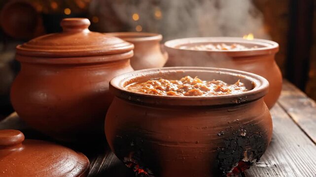 traditional clay pots filled with simmering stew, steam rising gently, rustic food preparation, warm cozy atmosphere, rustic wooden table