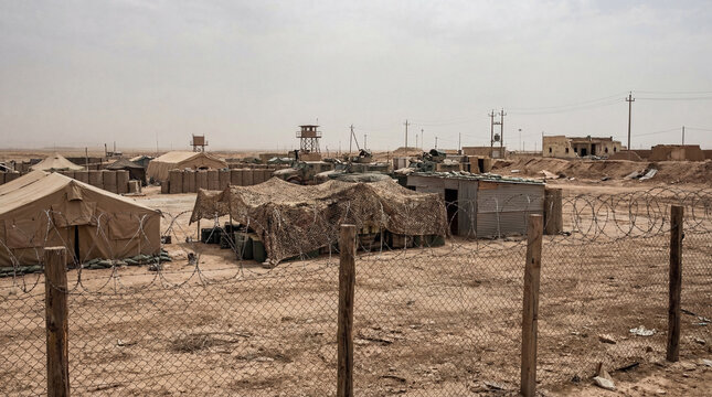 A photograph of a vast military base camp, featuring tents, protective sandbag barriers.