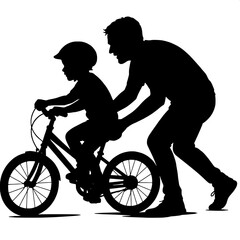 Fototapeta premium Father teaching child to ride bicycle silhouette parenting concept