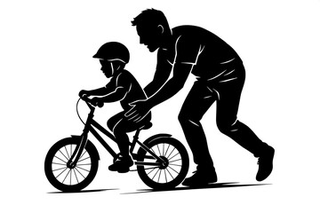 Naklejka premium Supporting dad helping kid ride bike family bonding silhouette