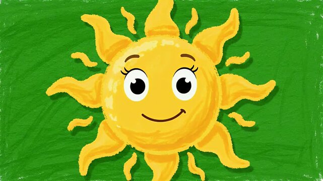 A cheerful, cartoon-style sun with bright yellow rays smiles against a green background