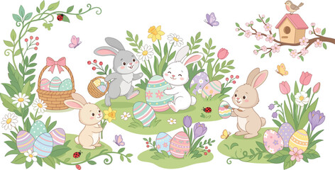 Obraz premium Easter bunny vector collection, cute rabbits with painted eggs in spring garden, pastel floral holiday elements, festive nature scene with birdhouse