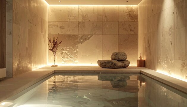 高級ウェルネススパのインテリア、石と水の禅デザイン
