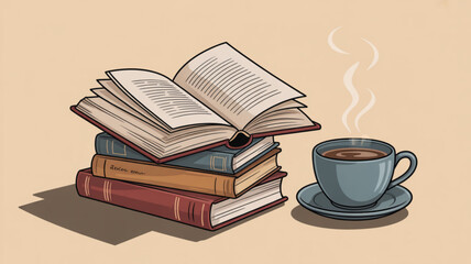 Fototapeta premium Stack of books with steaming cup of coffee on a simple background for studying and relaxation