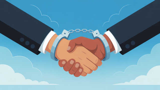 Business partnership with handcuffed hands shaking in agreement under blue sky with clouds