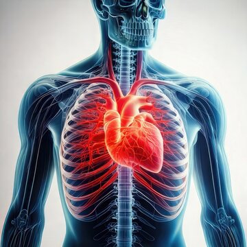 Human anatomy showing the heart, bones, and arteries