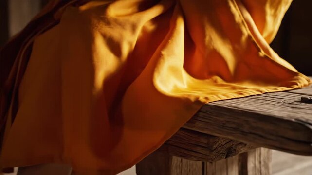 Vibrant orange fabric draped over a rustic wooden surface, showing soft folds and texture, warm light creating shadows