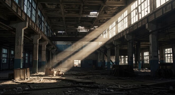 Abandoned factory interior with large windows and beam of light Girl takes selfie with glittery flip phone showing Y2K aesthetic in industrial landscape