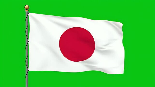 A white flag with a red circle, waving on a pole against a green background