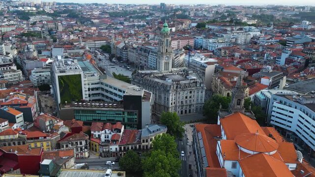 Aerial view of the downtown and city hall of the old town Porto on a sunny summer noon in Portugal