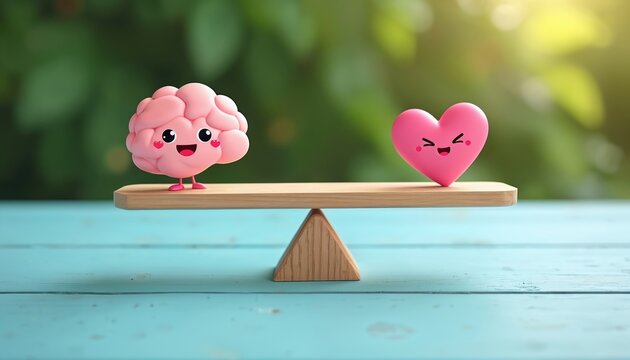 Cute cartoon brain and heart characters on a balance scale. Shows equilibrium between logic and emotion, reason and feeling, mind and heart concept.