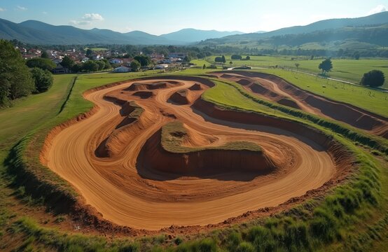 Aerial view motocross dirt track with jumps and berms. Green grassy hills surround sandy racing circuit near small village. Sunny day with blue sky and soft clouds.