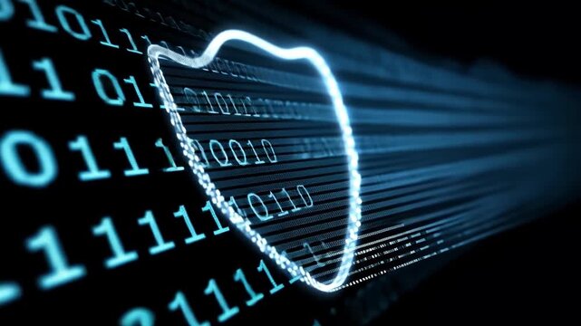 Cybersecurity Concept with Digital Shield and Binary Code Background