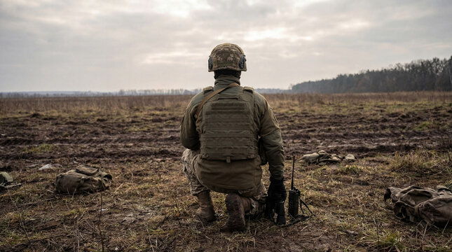 A powerful photograph of a soldier in full combat gear kneeling in a muddy field.