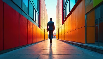 Fototapeta premium Man in suit walks down colorful urban path towards bright future. Business person strides confidently through modern city architecture, seeking opportunity and success.