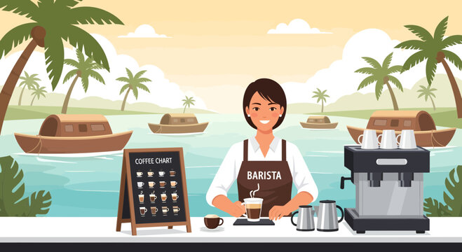 Barista preparing coffee at a tropical beachside cafe.