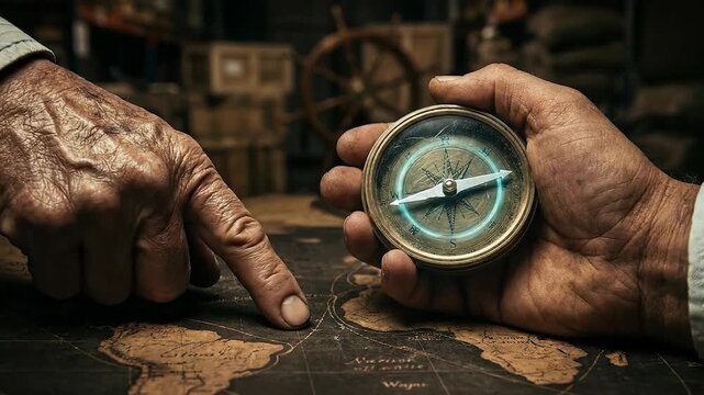 Glowing compass hand map navigation guidance supply chain disruption strategic crisis management negotiation planning and strategy on antique world map in dim warehouse adventure exploration direction