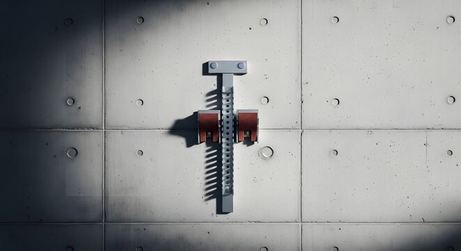 Athletic starting blocks mounted vertically on a weathered concrete wall represent the rigid foundation of ambition and the daunting upward climb towards a new metaphorical peak