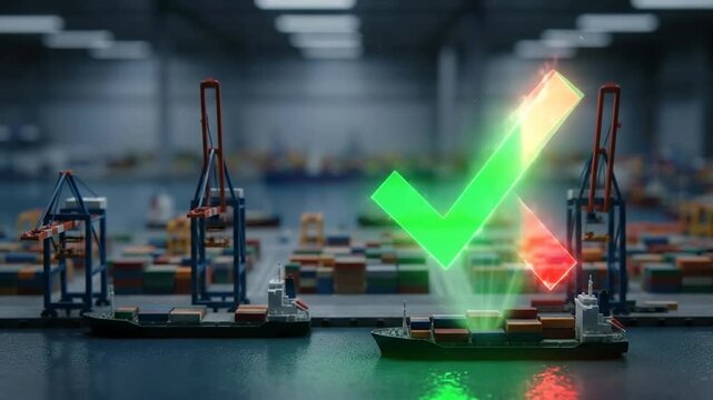 Logistics supply chain disruption and risk strategic crisis management negotiation concept cargo port terminal yard night scene with freight container ship crane structure audit logistics check mark