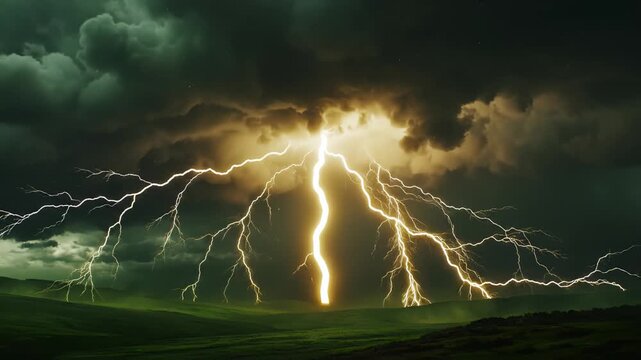 Lightning storm over green hills