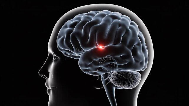 Profile silhouette of a human head revealing a glowing red spot within the brain's temporal lobe, highlighting a specific neurological area in a dark, abstract setting