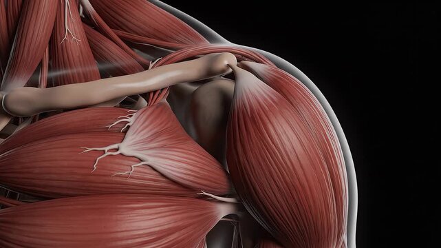 Detailed anatomical illustration of the human shoulder joint muscles, tendons, and bone structures, presented in a realistic close-up view against a dark background with a focus