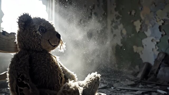A worn teddy bear sits alone in a dusty, decaying abandoned room, illuminated by dramatic sunbeams filtering through a broken window, conveying a melancholic and desolate mood