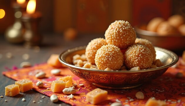 Indian til ladoo sweets and cubed barfi on ornate plate with nuts. Festive snacks ready for cultural celebration. Warm light from diya candles.