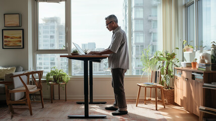 Fototapeta na wymiar Middle-aged man working on a laptop at a standing desk in a bright home office with a city view