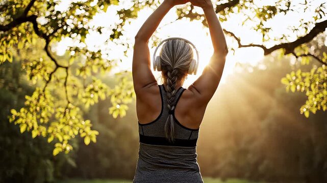 A woman with headphones raises her arms in a yoga pose outdoors, bathed in warm sunset light filtering through tree branches, conveying a peaceful and healthy lifestyle