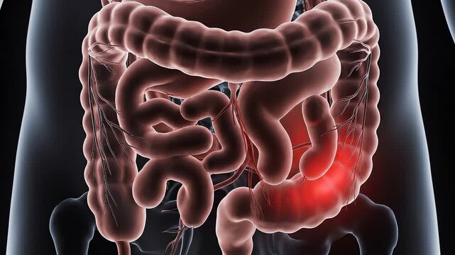 3D illustration of the human digestive system with a highlighted inflamed section of the colon, emphasizing pain and discomfort in a dark, clinical setting