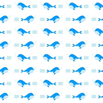 Seamless pattern with hand drawn cartoon whale. Blue whale seamless pattern. Blue whale illustration. Cartoon whale doodle. Sea animal doodle background