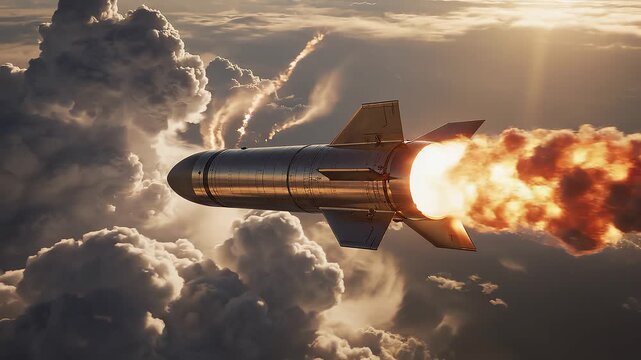 A silver missile with a fiery exhaust trail soaring through a dramatic sky with sunbeams breaking through dark clouds, creating an intense atmosphere of speed and power