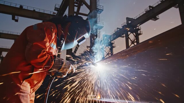 Worker welding metal with sparks