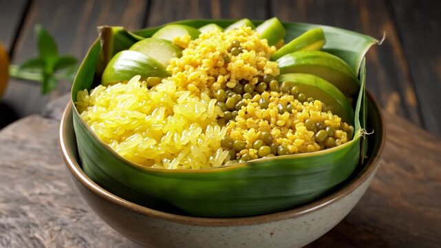 Yellow sticky rice with mung beans and sliced green apples served in a banana leaf bowl, healthy asian dessert, close-up