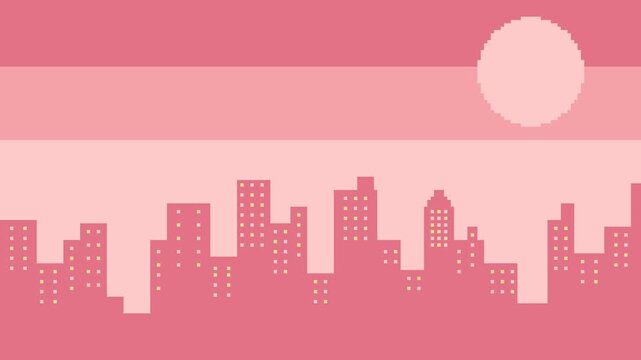 Video pixel art pink city skyline at sunset. Retro 8-bit cityscape background with skyscrapers and moon. High quality lo-fi aesthetic digital illustration for game design, wallpaper, and creative art.
