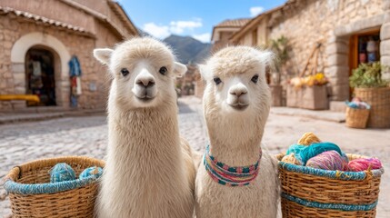 Obraz premium Fluffy Alpacas with Decorative Ribbons at a Colorful Wool Festival
