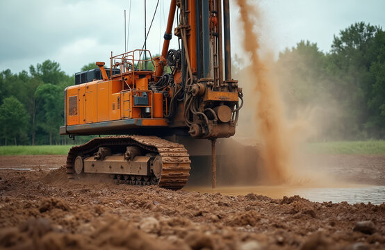 Heavy orange drilling machine operates on muddy ground. Water and dirt spray upwards from the earth. Industrial equipment extracts resources. Construction site active.