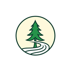Fototapeta premium Minimalist Forest Logo Depicting a Coniferous Tree and Winding River within a Circle