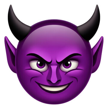 A mischievous purple devil emoji face with sharp horns and pointed ears isolated on transparent background